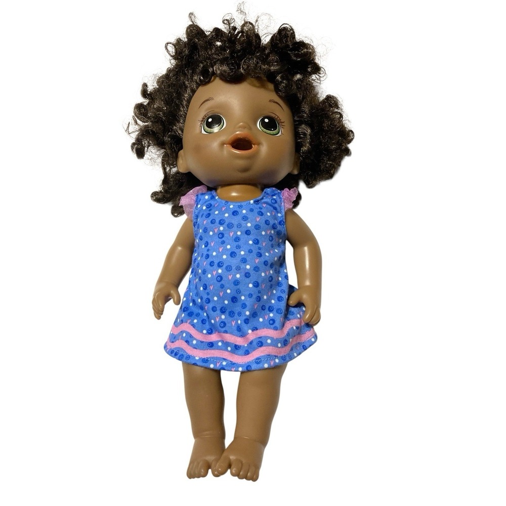 Baby Alive African American Doll Curly Hair Blue‎ Dress Magical Mixer Toy Girl